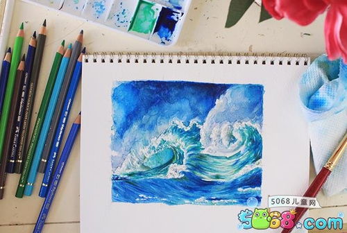 教你画波涛汹涌的大海 大海水溶性彩铅画教程