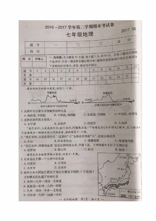 江苏省宜兴市2016 2017学年七年级下学期期末考试地理试题 图片版,含答案 